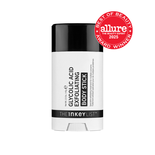 The INKEY List glycolic acid exfoliating body stick with Allure Best of Beauty 2025 award on a white background