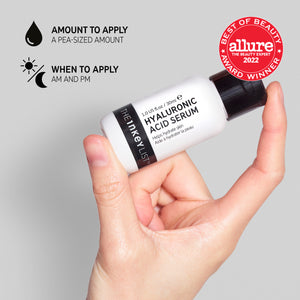 Instructions on how to use Hyaluronic Acid Serum with allure badge