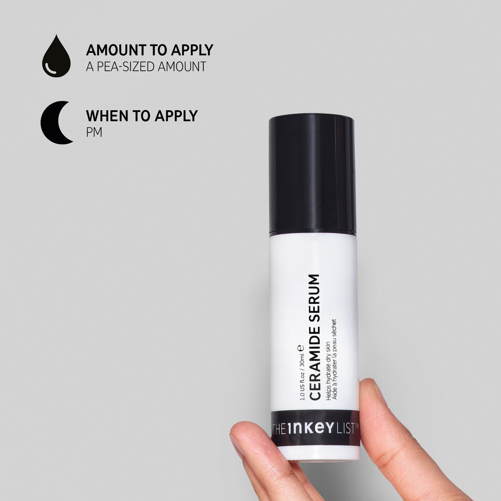 Hand holding Ceramide Serum against a grey background with text on how and when to use it