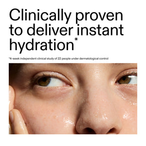 Close-up of a person's face with text claiming instant hydration efficacy.