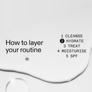 Text on a white background explaining how to layer Hyaluronic acid serum skincare routine with steps and a droplet of liquid.