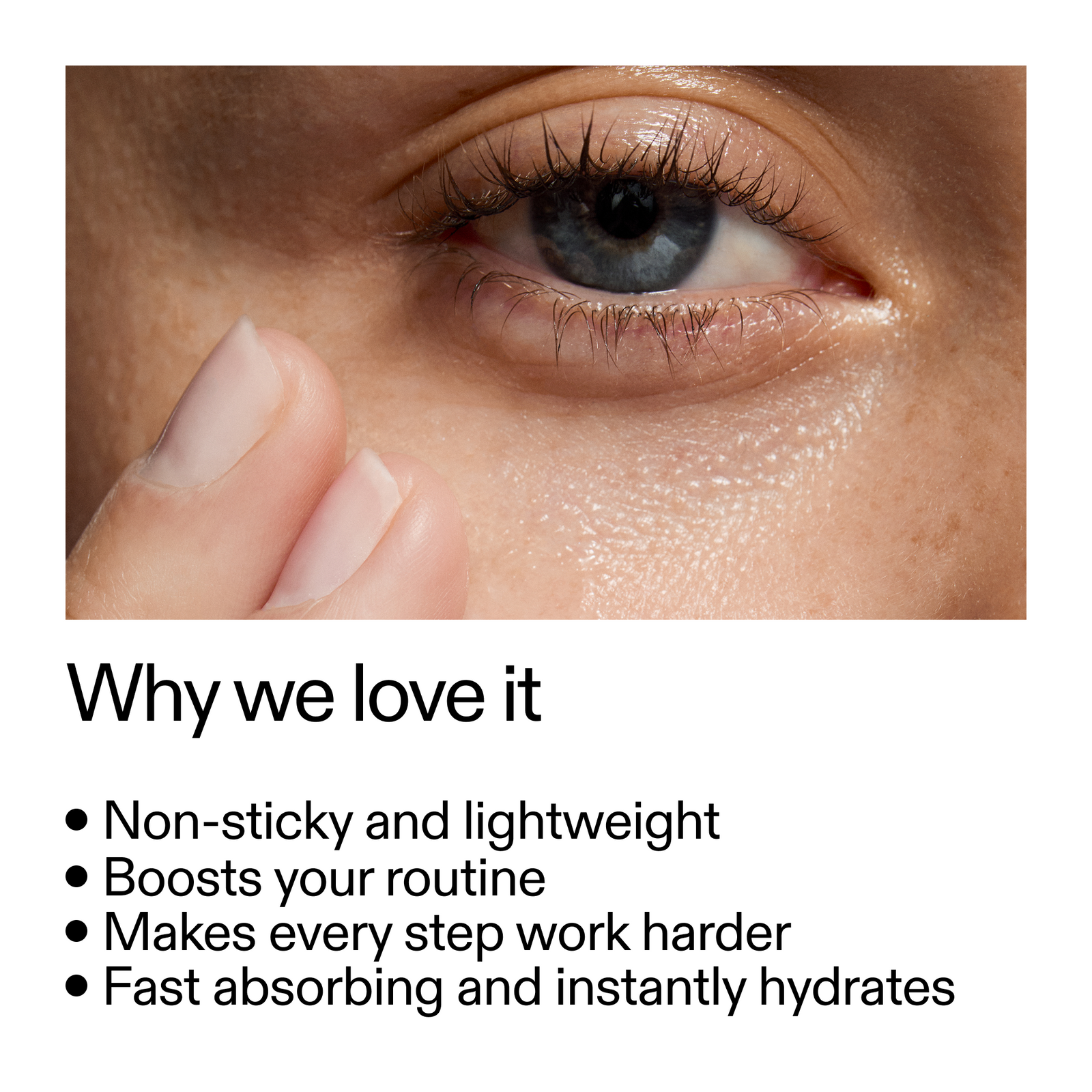 Close-up of a person's eye with text highlighting product benefits