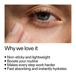 Close-up of a person's eye with text highlighting product benefits