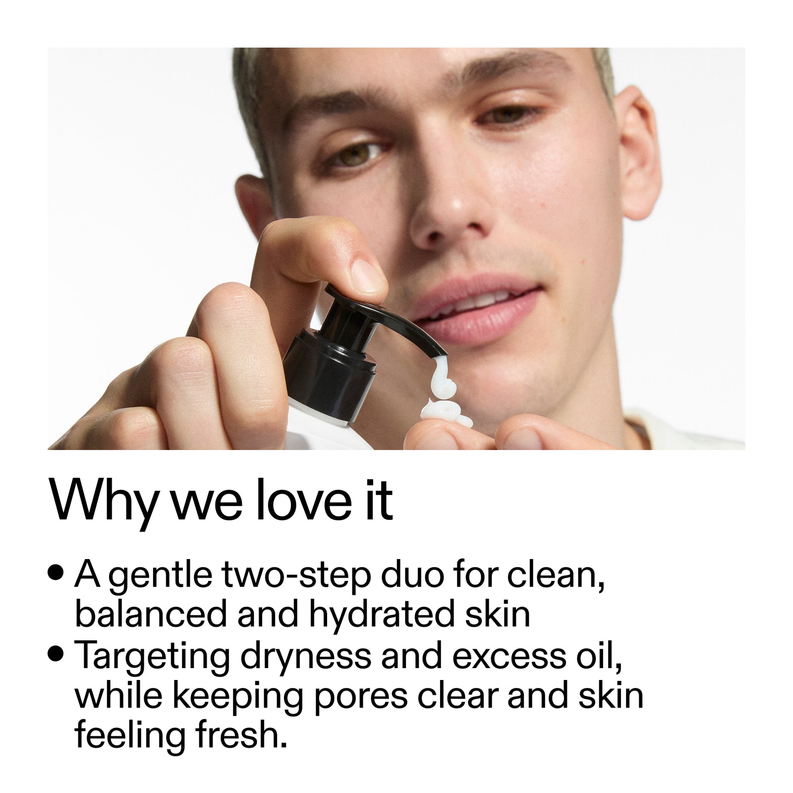 Person applying skincare product with text about product benefits