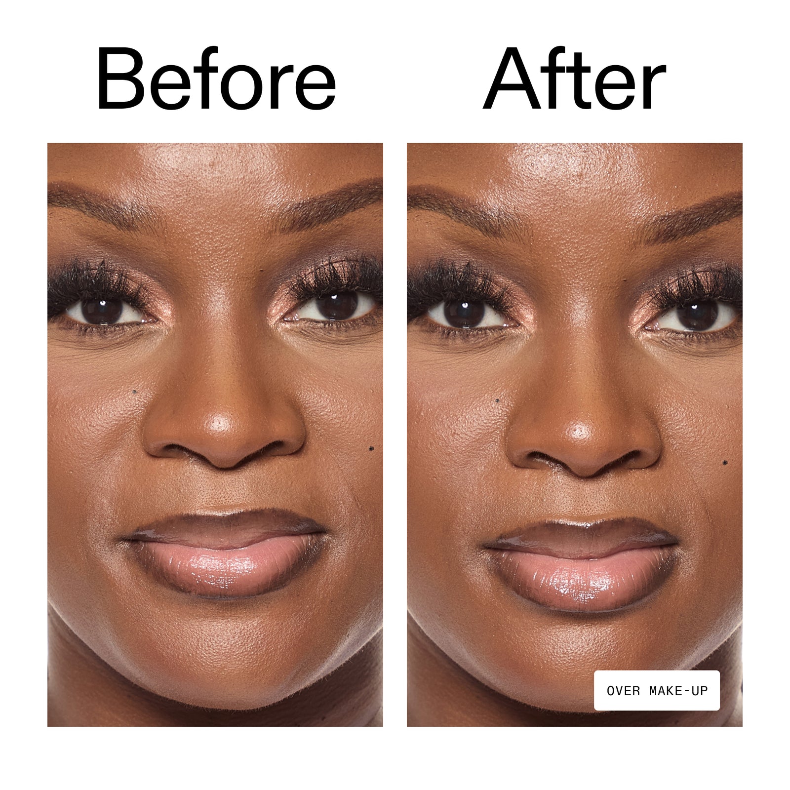 Before and after makeup comparison on a woman's face with 'Over Make-Up' label.