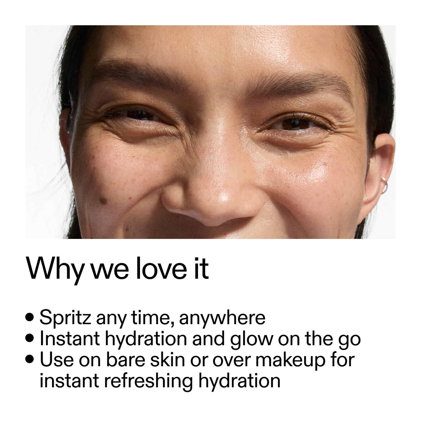 Close-up of a person's face with text about Hydro-surge Dewy Face Mist benefits