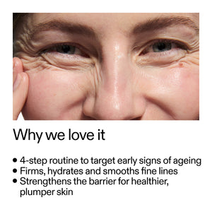 Close-up of a person's eye with text about a skincare routine targeting early signs of aging.