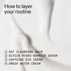 Skincare routine steps with product names on a white background