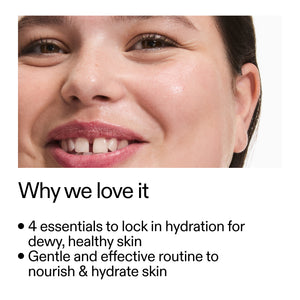 Close-up of a woman's face with text about skincare routine