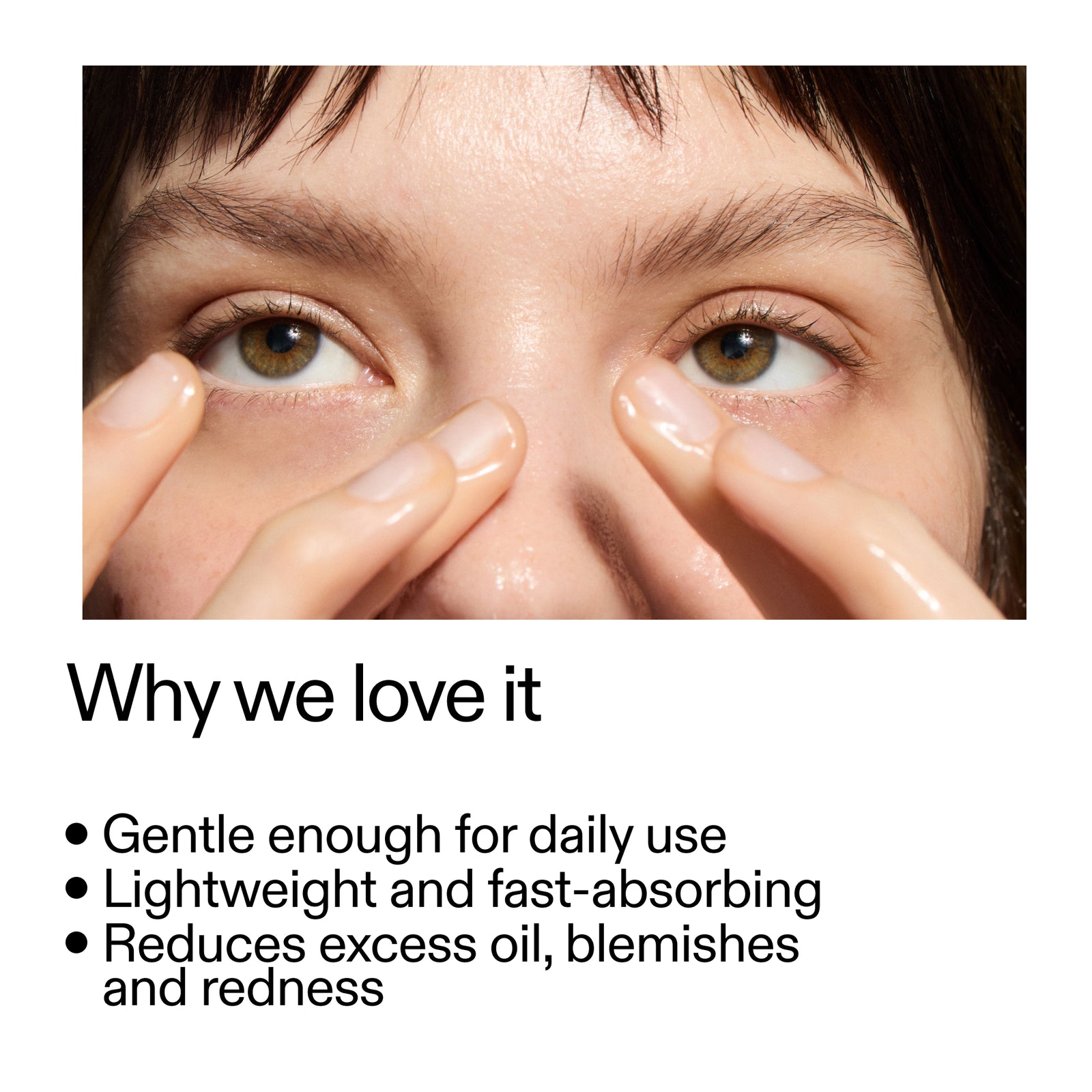 Close-up of a person applying Niacinamide Serum to their eye with text highlighting its benefits.