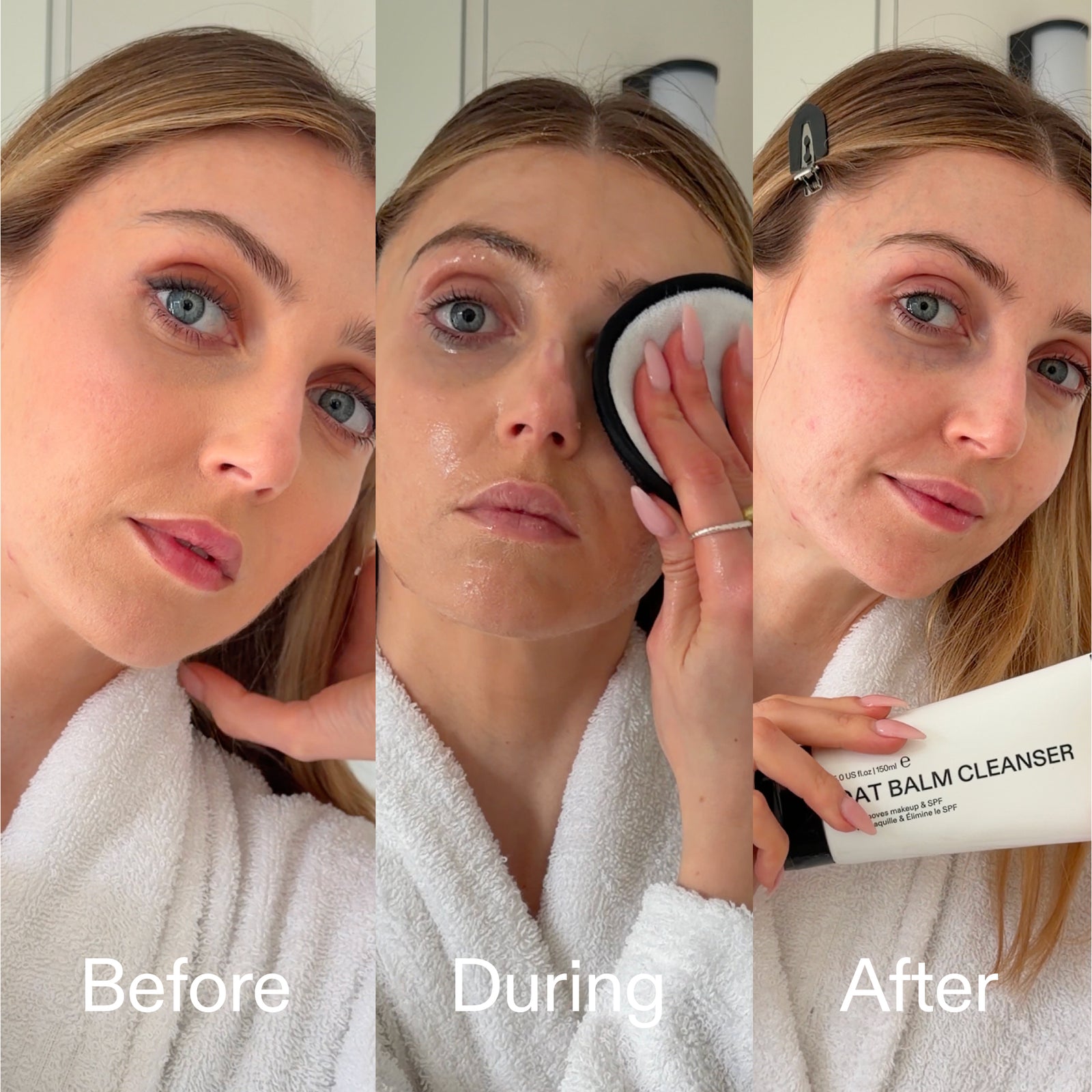 Before, during, and after skincare routine with a woman using a balm cleanser.