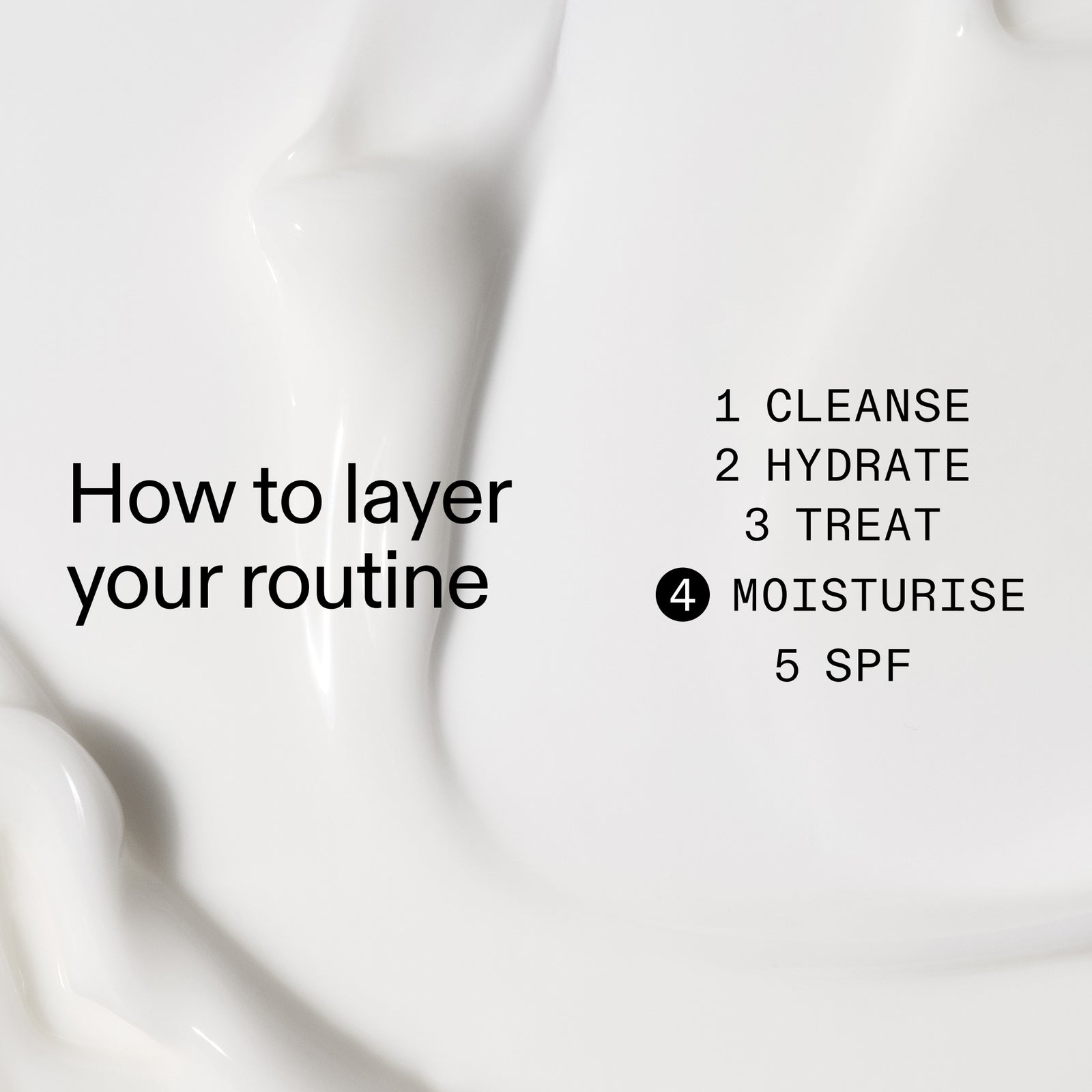 Text overlay on a white background with steps for layering Omega Water cream in your routine.