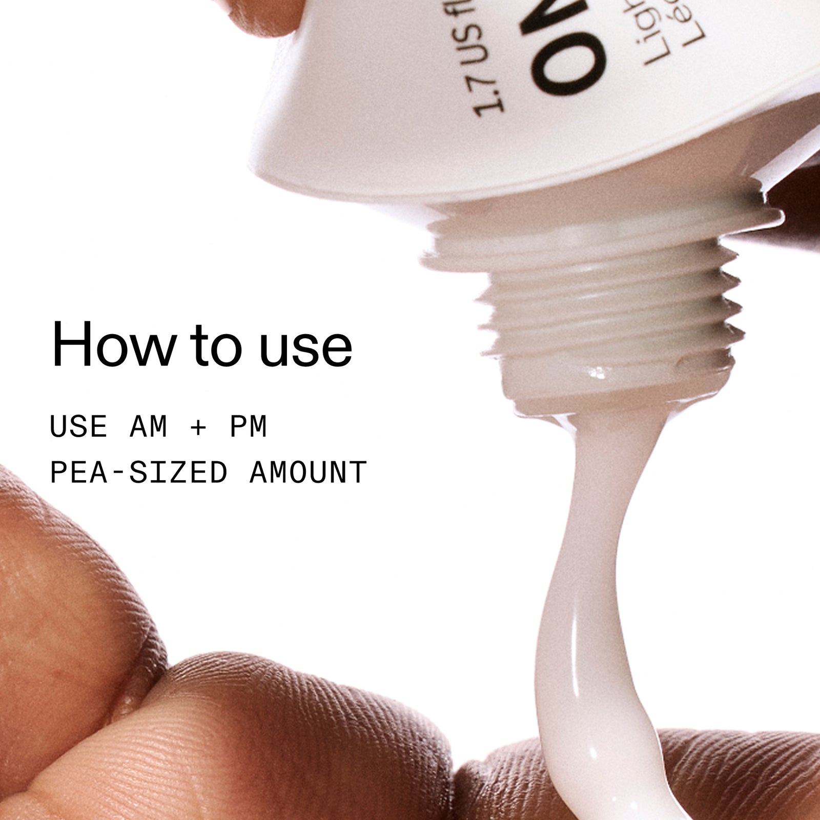 Close-up of Omega Water cream  being applied with text on how to use it.