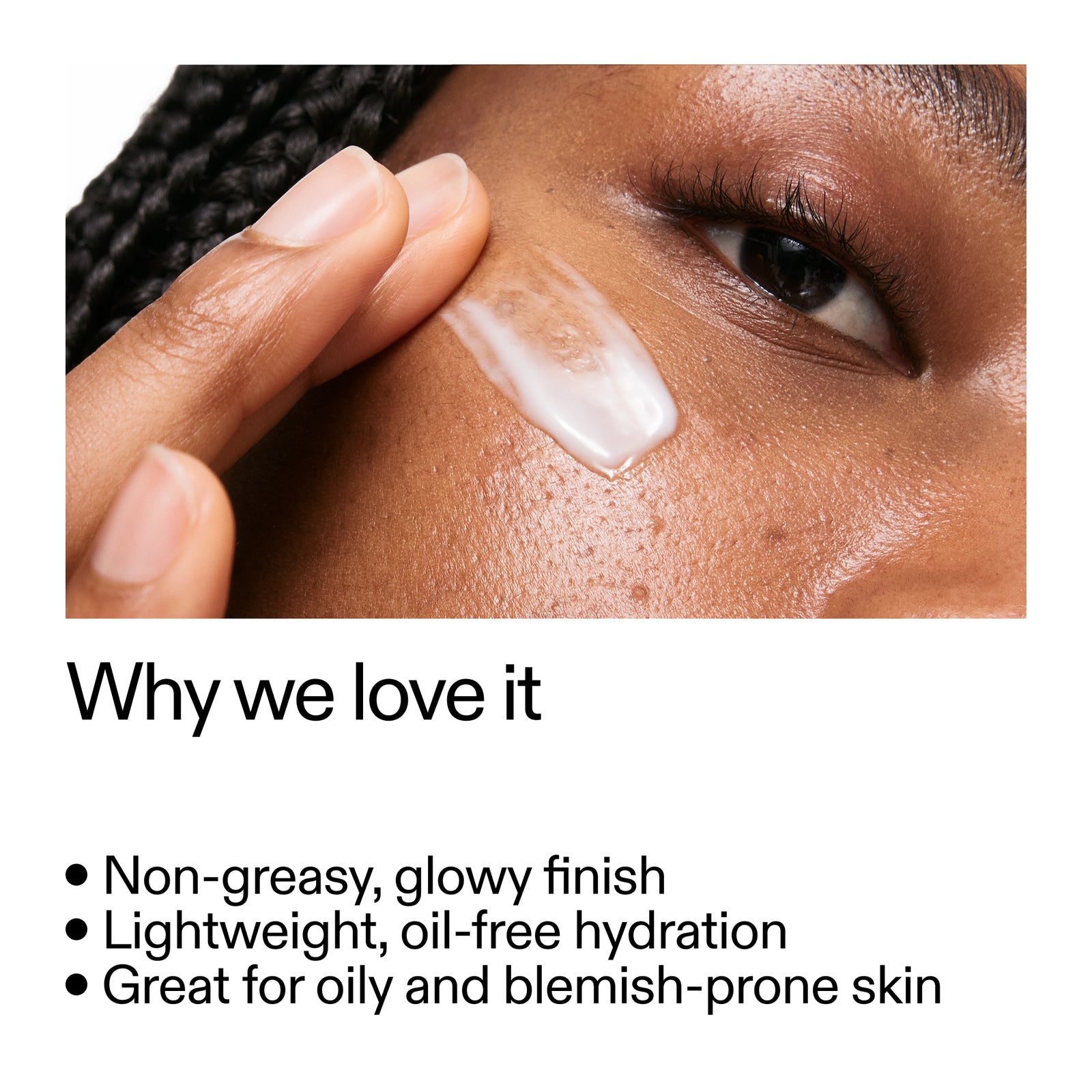 Close-up of skin with Omega Water Cream application and text about product benefits.