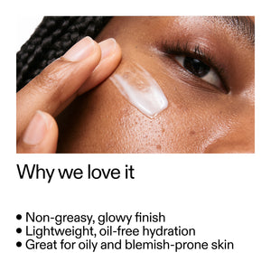Close-up of skin with Omega Water Cream application and text about product benefits.