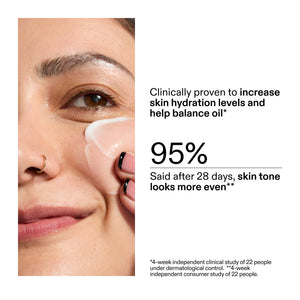 Close-up of a woman's face with skincare product application, text about skin hydration and tone improvement from clinical trial