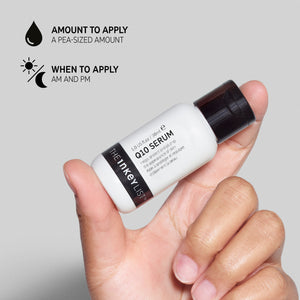 Hand holding Q10 Serum bottle with text saying how to use it