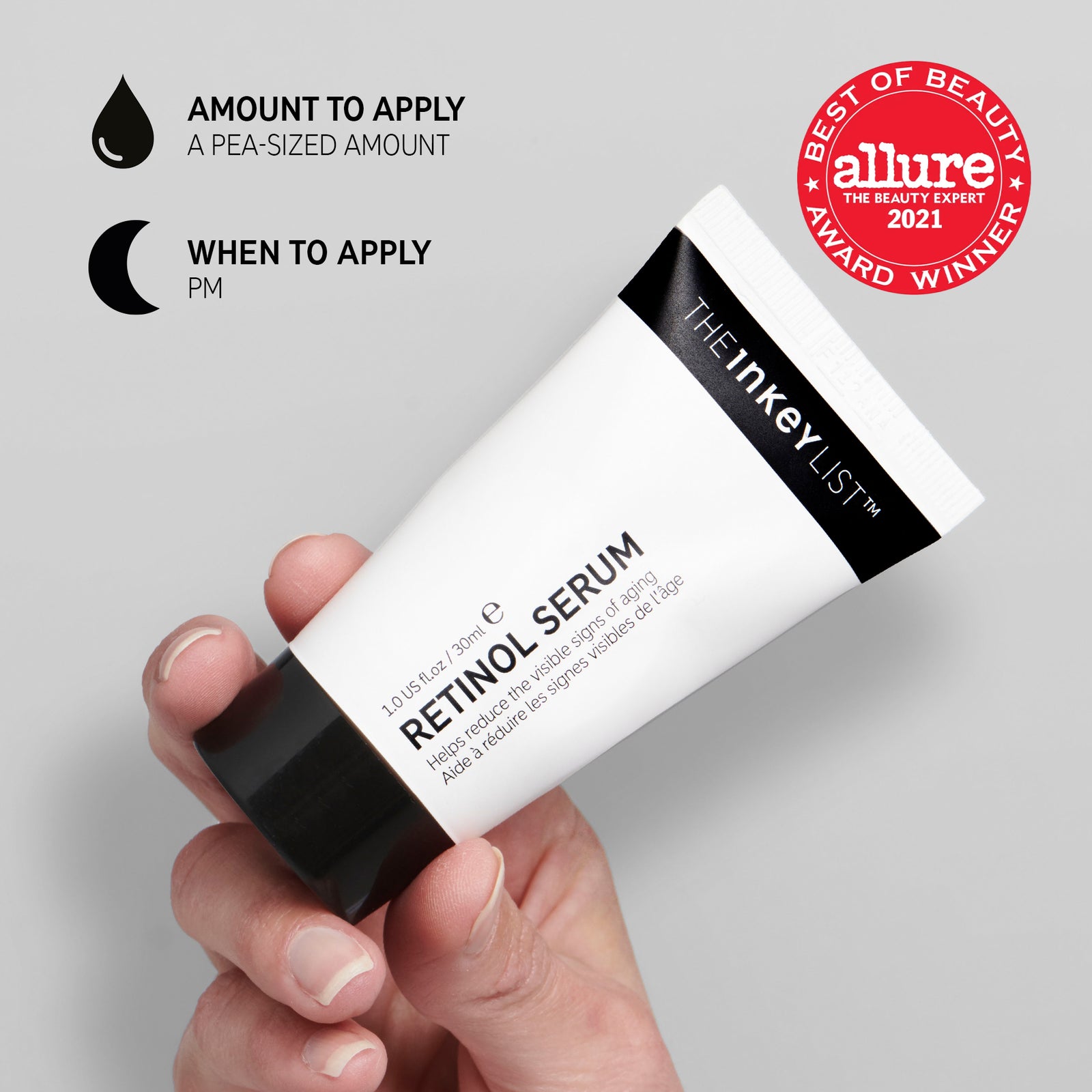 Instructions on how to use Retinol Serum with allure badge