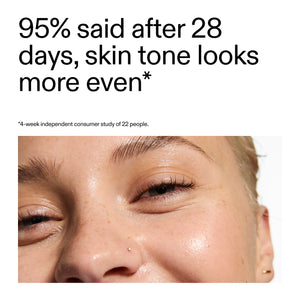 close-up of a person's face with text about skin tone improvement after 28 days from clinical trial