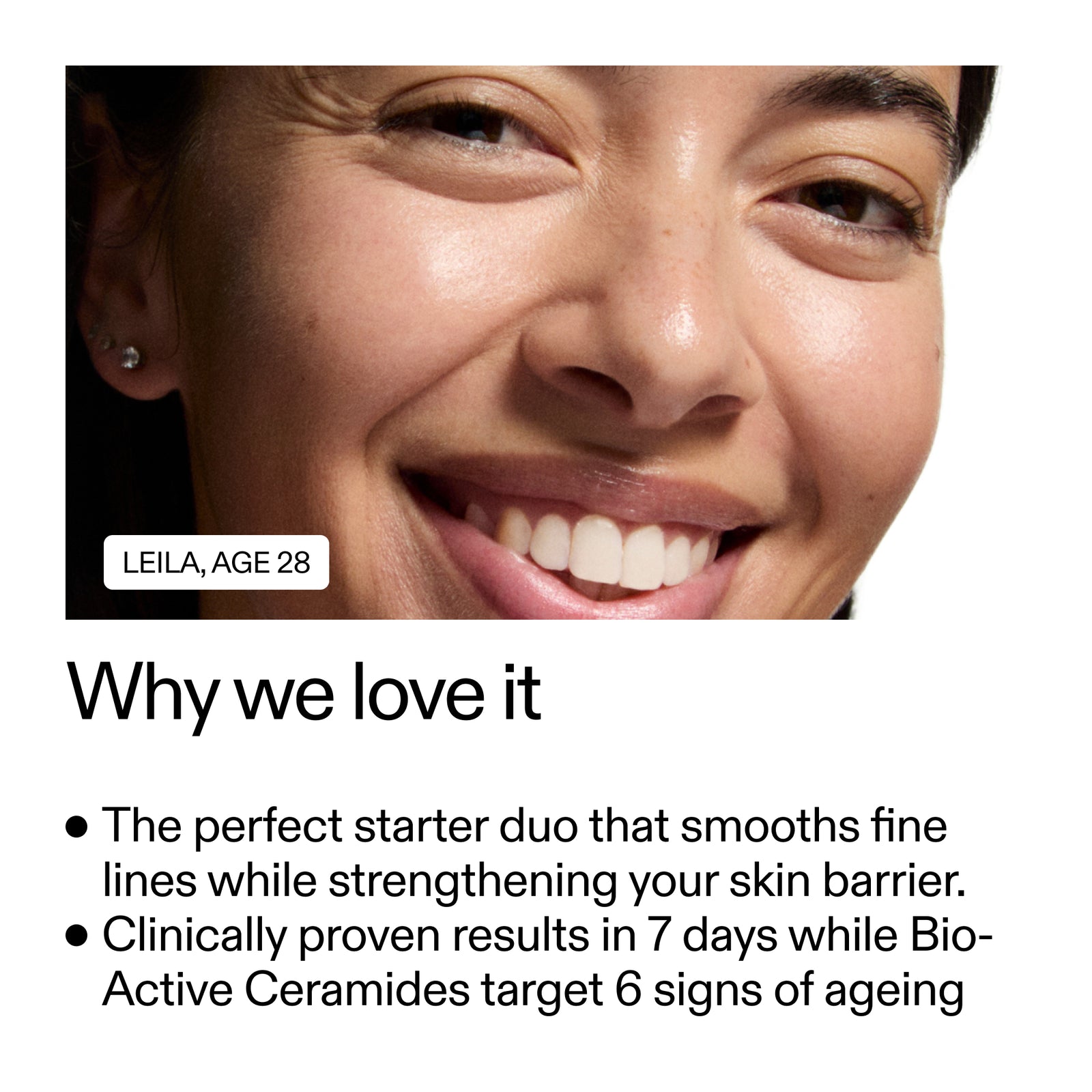 Advertisement for skincare product showing a woman's face with text about product benefits.