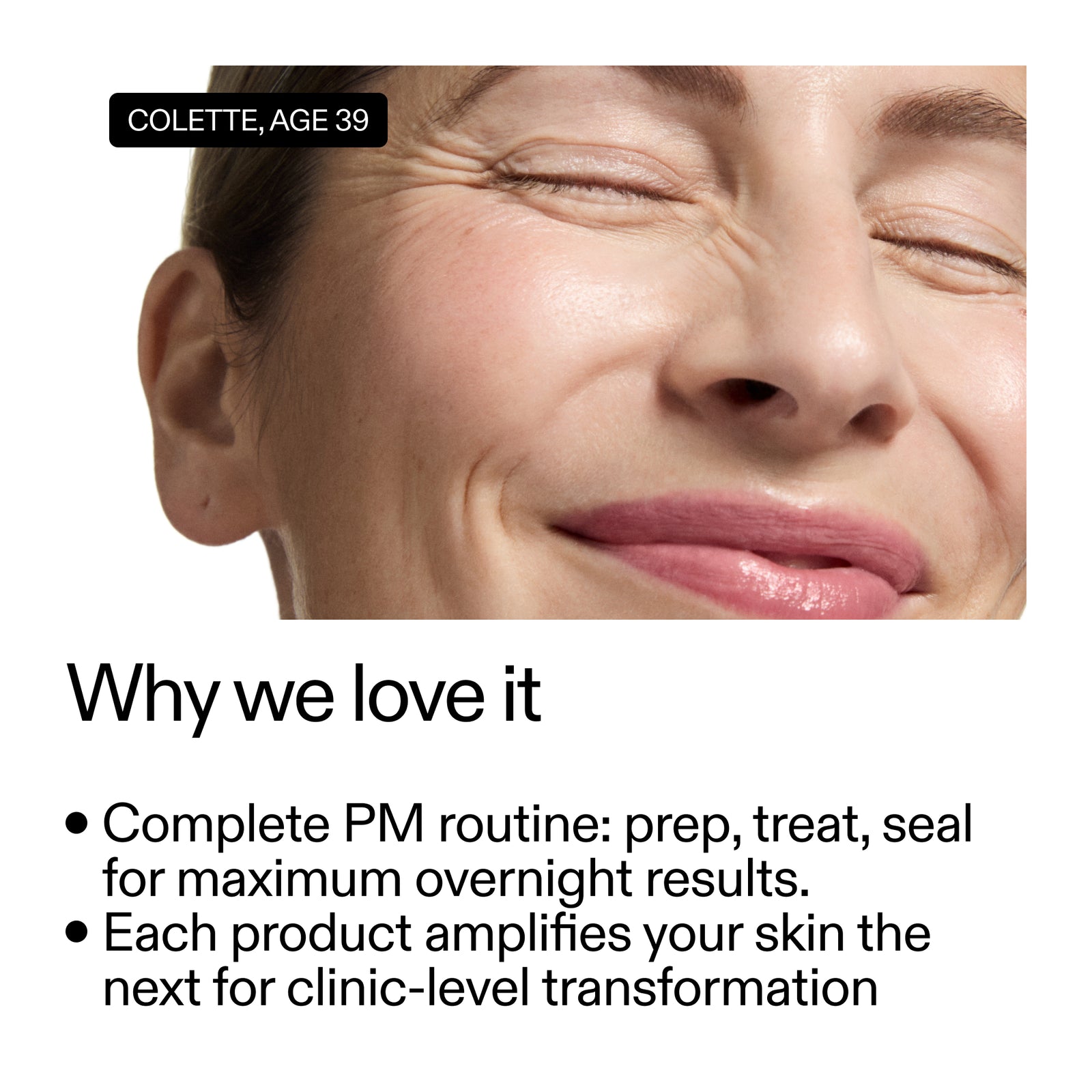 Woman's face with text about a skincare routine and product benefits.