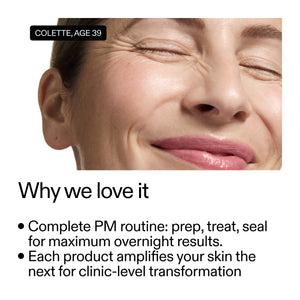Woman's face with text about a skincare routine and product benefits.