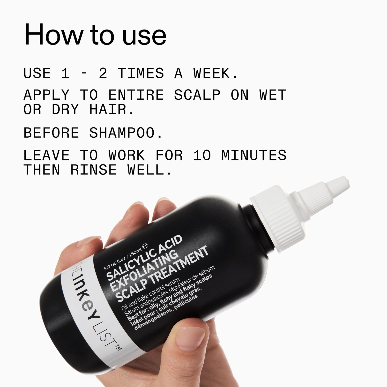Inkey List scalp treatment bottle with usage instructions on a white background