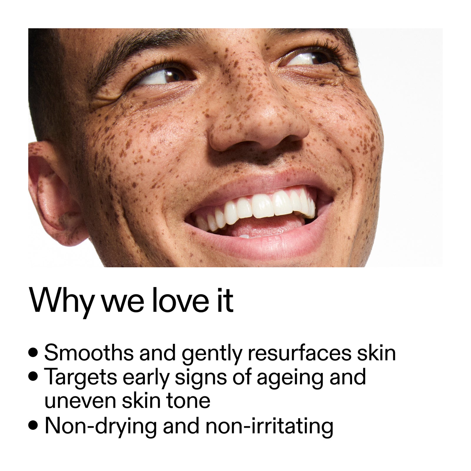 Close-up of a person's face with text about skincare benefits on a white background