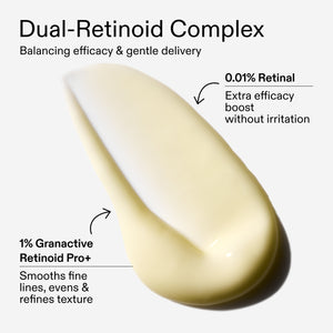 Skincare product with Dual-Retinoid Complex labeled, showing a close-up of the cream and text about its benefits.