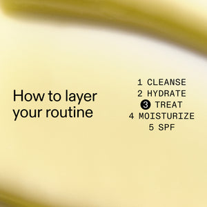 Text on a beige background explaining a skincare routine with steps labeled.