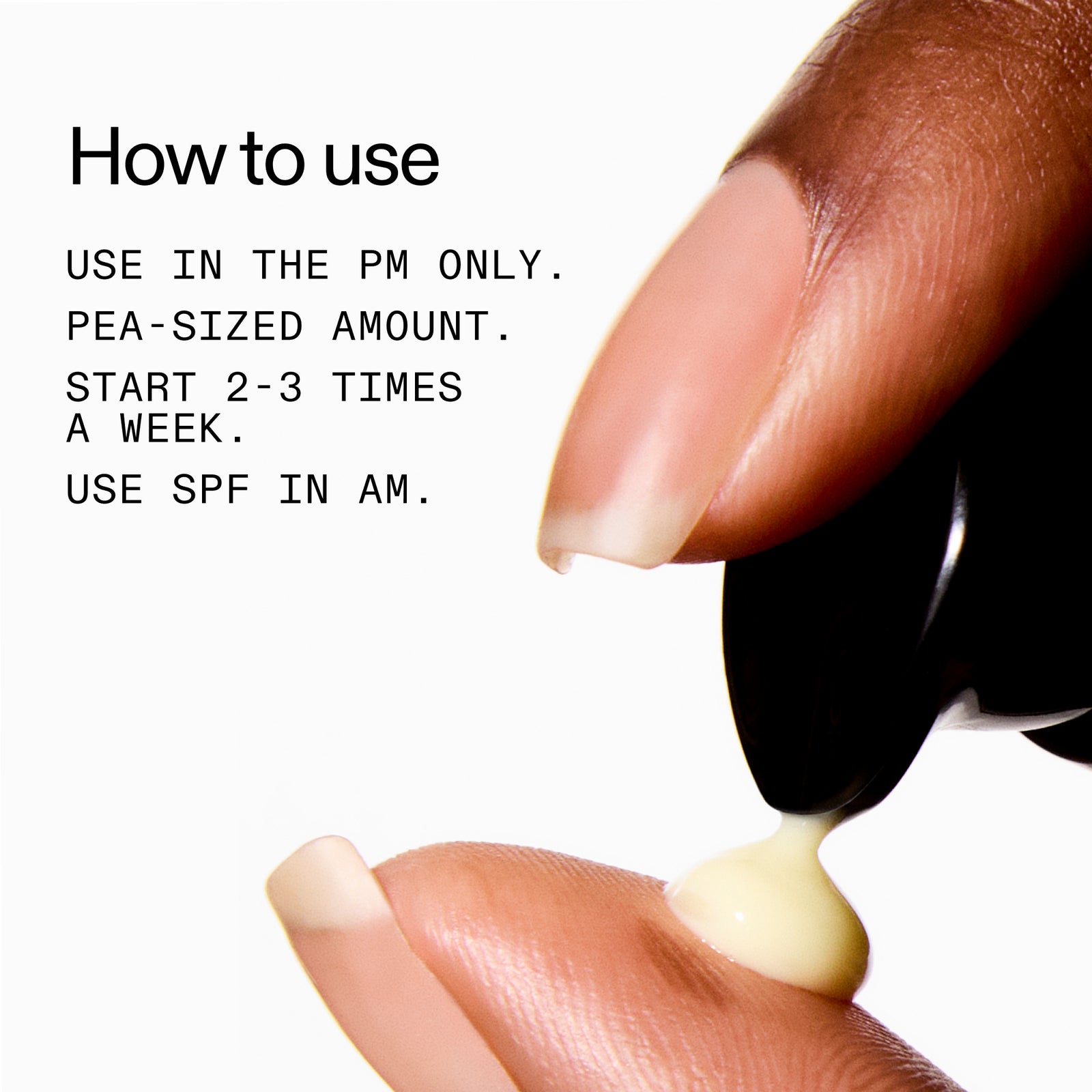 Hand applying cream to another hand with text on how to use it.