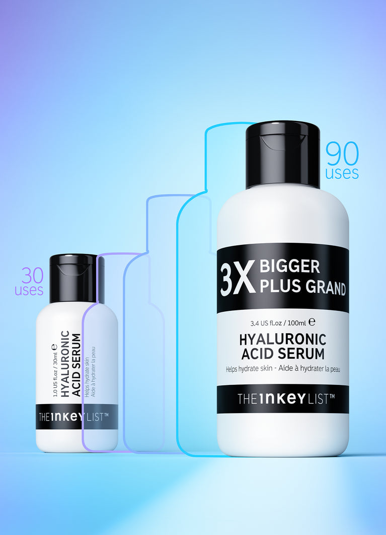 30ml and 100ml version of Hyaluronic Acid Serum next to each other
