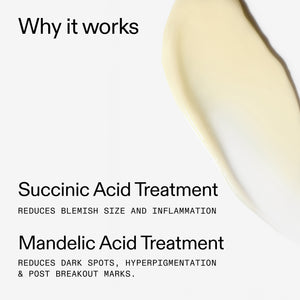 Text detailing the effects of succinic and mandelic acid treatments on skin, with a blurred skincare product in the corner.