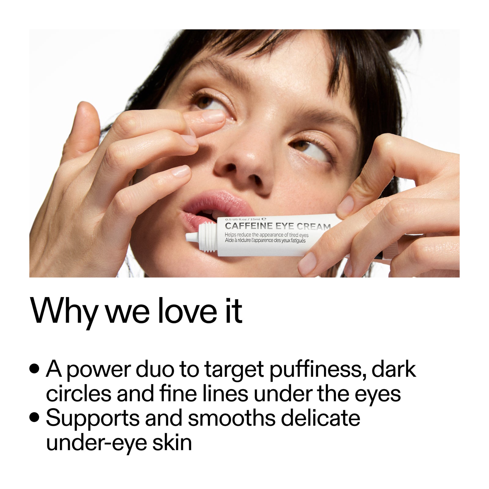 Person applying caffeine eye cream with text highlighting its benefits