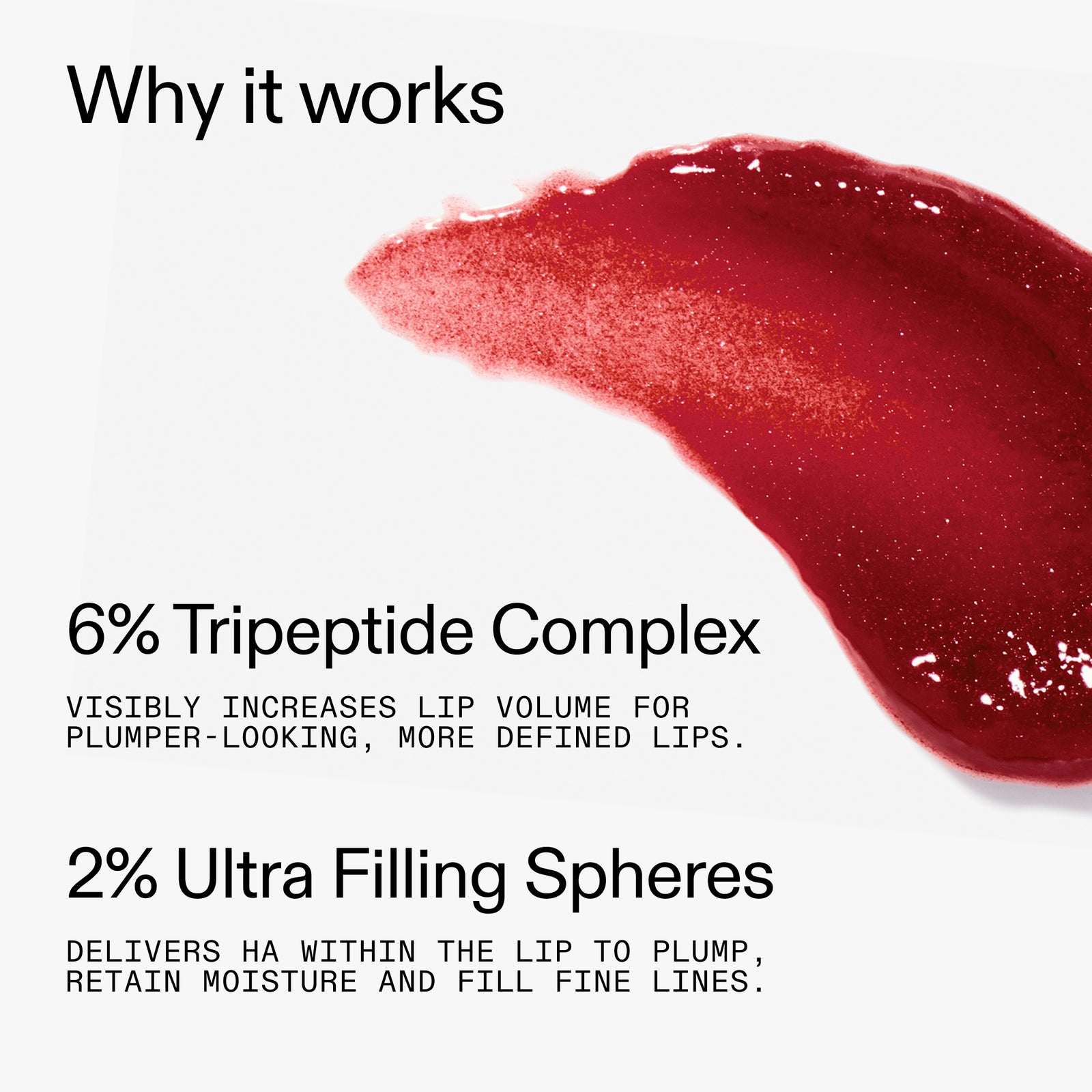 Tripeptide Plumping Berry Lip Balm  on a white background, featuring text about its ingredients and benefits.
