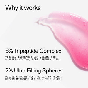 Tripeptide Plumping Pink Lip Balm on a white background, featuring text about its ingredients and benefits.