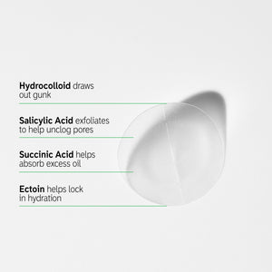 Key ingredients: Hydrocolloid, draws out gunk. Salicylic Acid, exfoliates and unclogs pores. Succinic: helps absorb excess oil. Ectoin, helps lock hydration