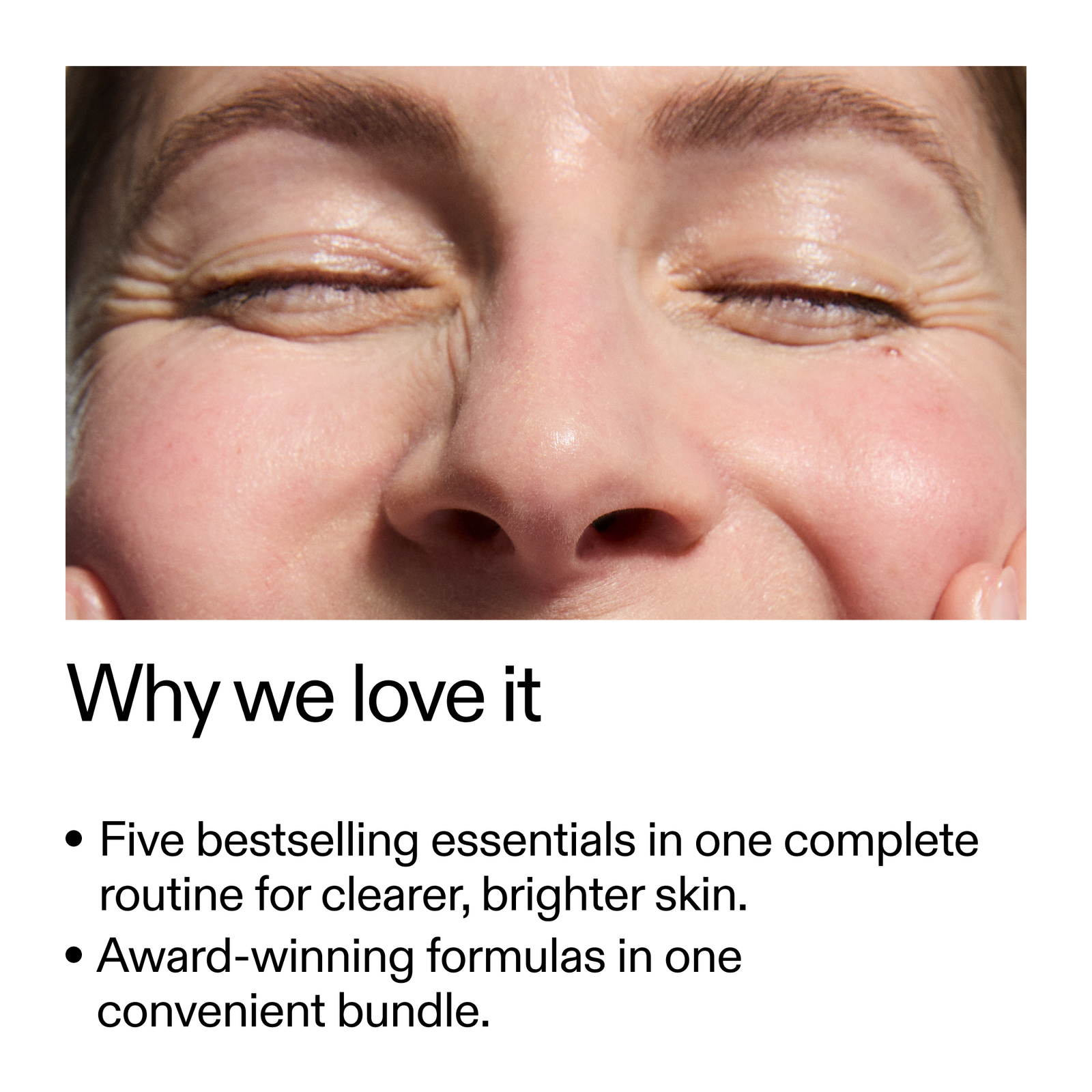 Close-up of a person's face with text about skincare products.