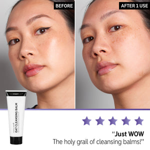 Before and After showing 1 use of Oat Cleansing Balm. 5 star rating and text  