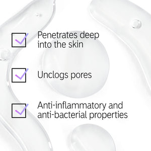 Texture with copy overlay 'Penetrates deep into the skin', 'Unclogs pores' and 'Anti-flammatory and anti-bacterial properties'