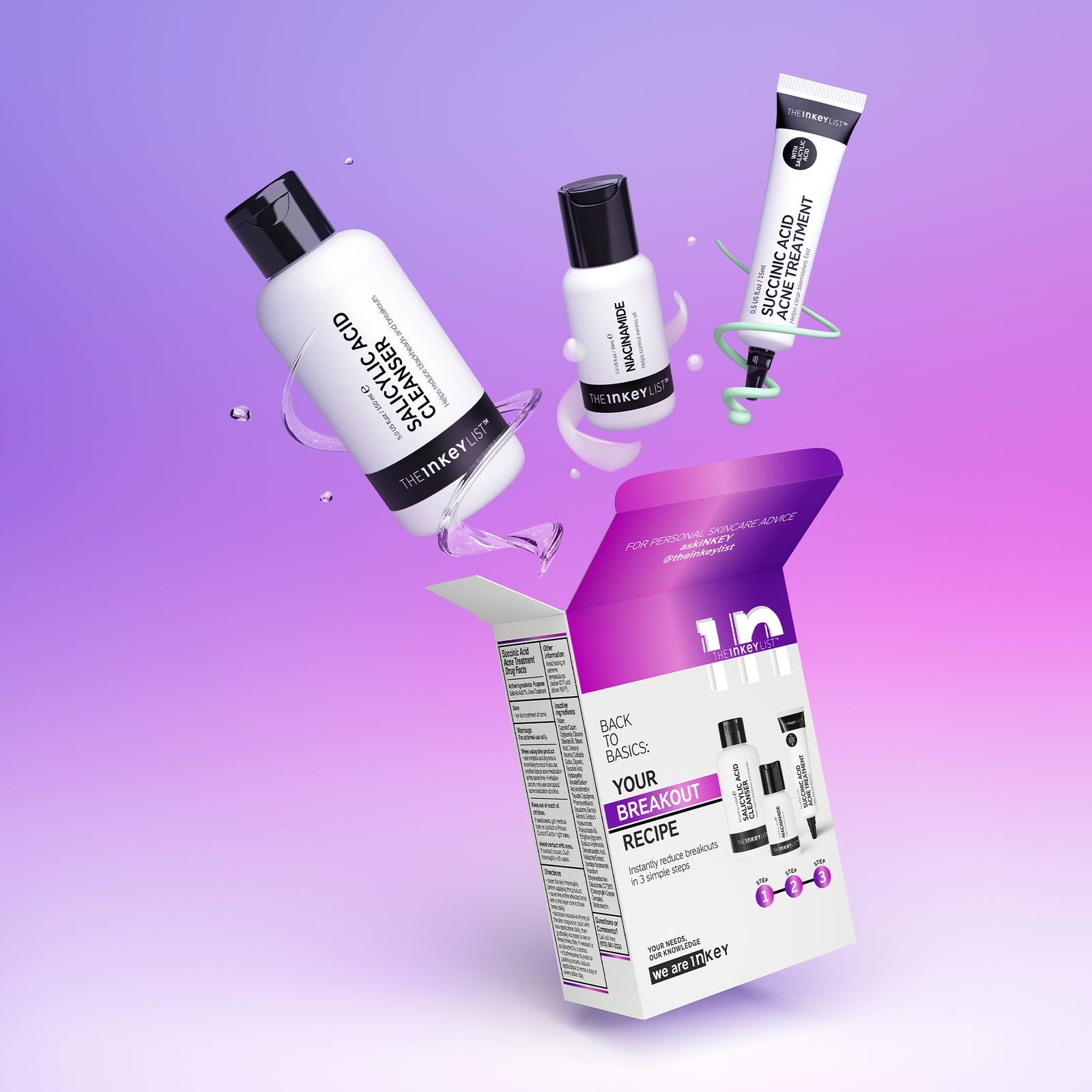 An image of the Anti Acne Trio products coming out of the packaging box against a purple background. Each product has an animated swirl of 'goop' wrapped around the bottle for a fun and playful effect.