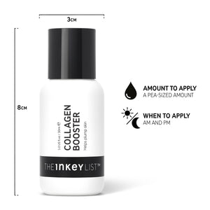 Shot of Collagen Serum bottle with text that reads 'Amount to apply: a pea-sized amount' and 'When to apply: AM and PM'