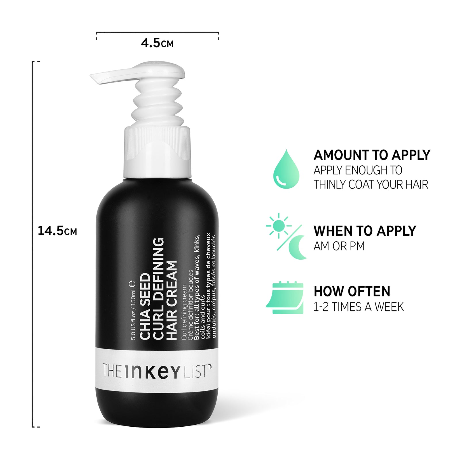 Infographic with bottle dimensions and amount to apply (enough to thinly coat hair), when to apply (AM or PM) and how often (1-2 times a week)