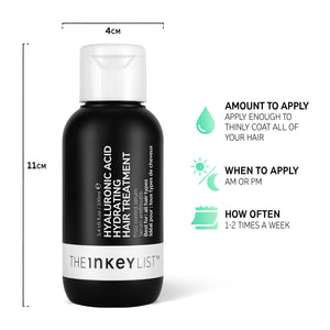 Infographic with text that reads 'Amount to apply: enough to thinly coat all of your hair', 'When to apply: AM or PM' and 'How often: 1-2 times a week'