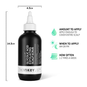 Infographic with bottle dimensions and amount to apply (enough to cover scalp), when to apply (AM or PM) and how often (1-2 times a week)