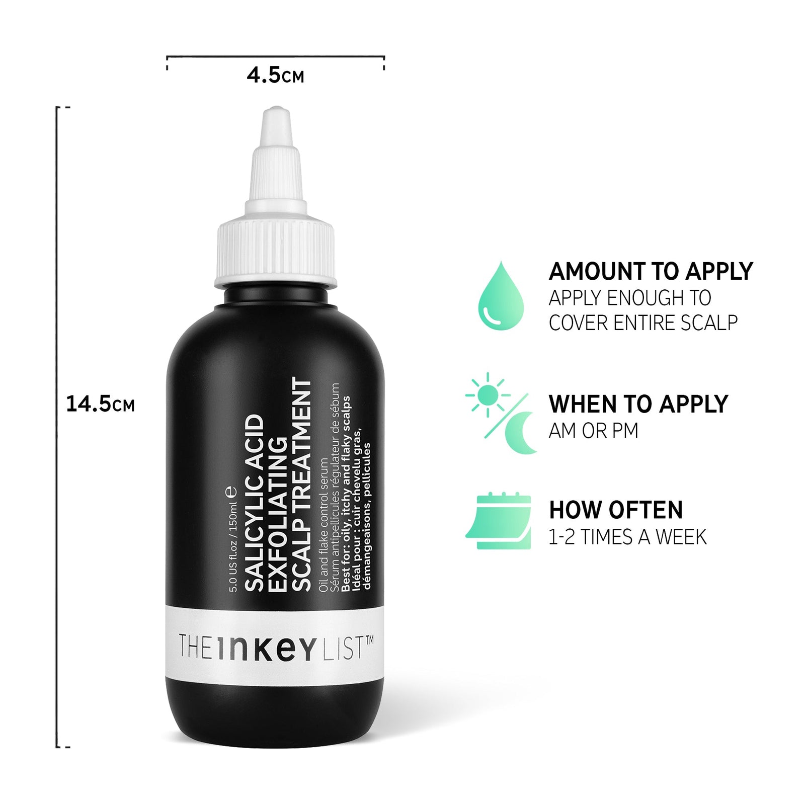 Infographic: Amount to apply (enough to cover scalp), when to apply (AM or PM) and how often to apply (1-2 times a week)