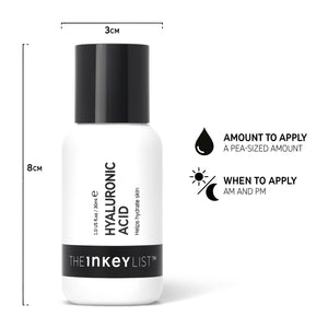 Hyaluronic Acid Serum bottle dimensions and text overlay with black text explaining the amount to apply (pea-sized amount) and when to use it (AM and PM)
