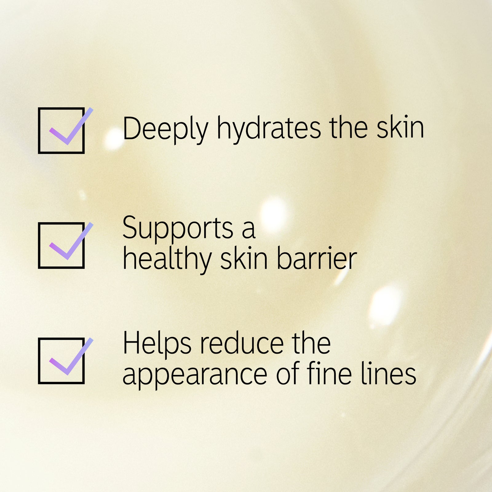 Essential Hydration Trio texture shot with text overlay listing the 3 main benefits