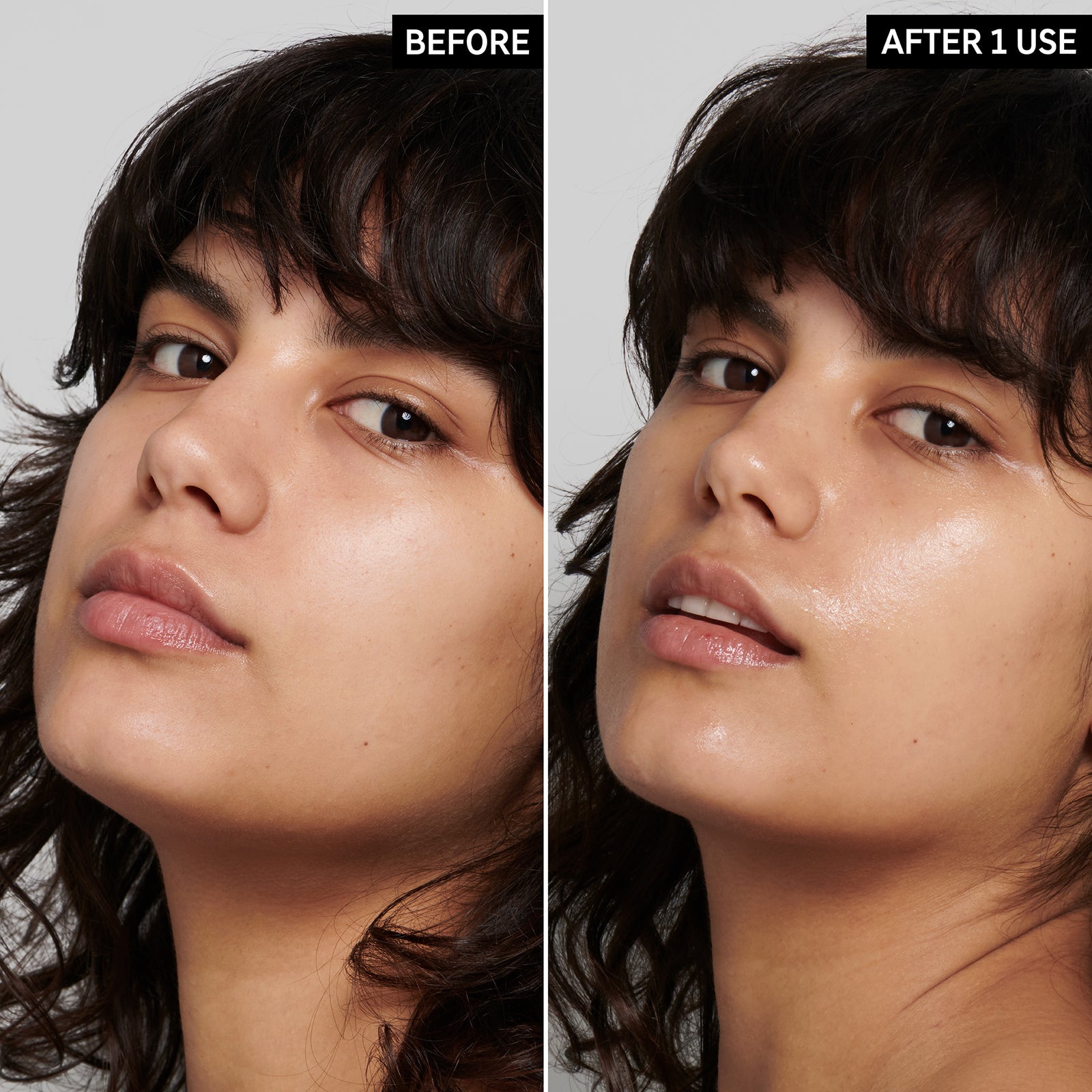 Polyglutamic Acid Serum before and after 1 use, side by side imagery.