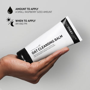 Hand holding Oat Cleanser with text displaying the amount to apply (small raspberry sized amount) and when to apply (AM and PM)